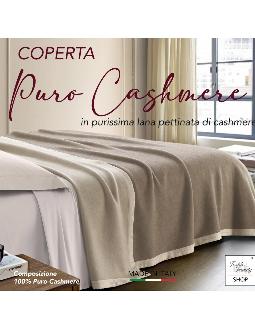 Coperta in Puro Cashmere Pettinato Made in Italy - Morbidezza e Comfort Termico, Modello Bicolore Grigio Beige