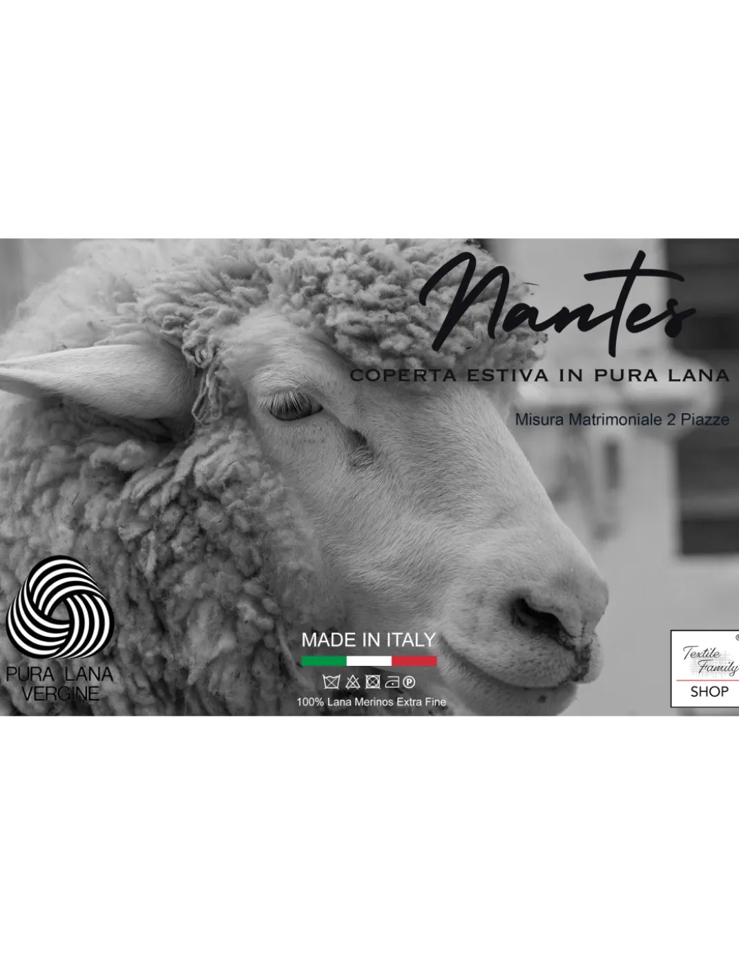 COPERTA leggera PRIMAVERILE NANTES estiva IN LANA MERINO FINE matrimoniale 2 PIAZZE grigio