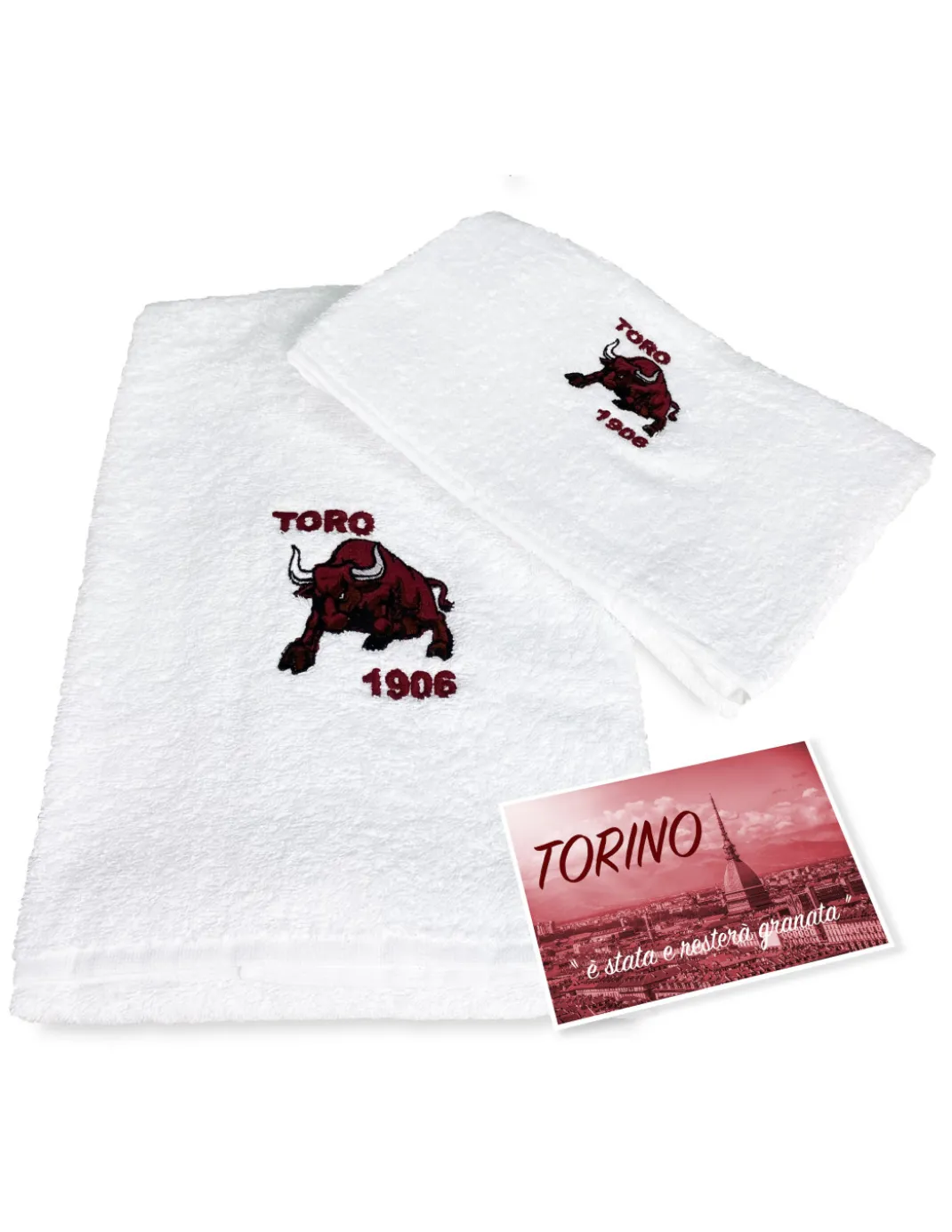 COPPIA ASCIUGAMANI ricamati TORO 1906 e cartolina TORINO È