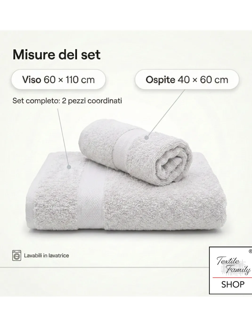 Coppia Asciugamani Viso e Ospite Acciaio - Spugna 100% Cotone 450 g/m² Made in Italy