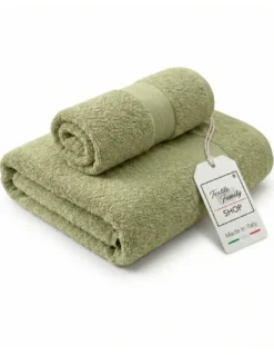 Coppia Asciugamani Viso e Ospite Oliva - Spugna 100% Cotone 450 g/m² Made in Italy