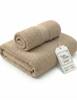 Coppia Asciugamani Viso e Ospite Sabbia - Spugna 100% Cotone 450 g/m² Made in Italy