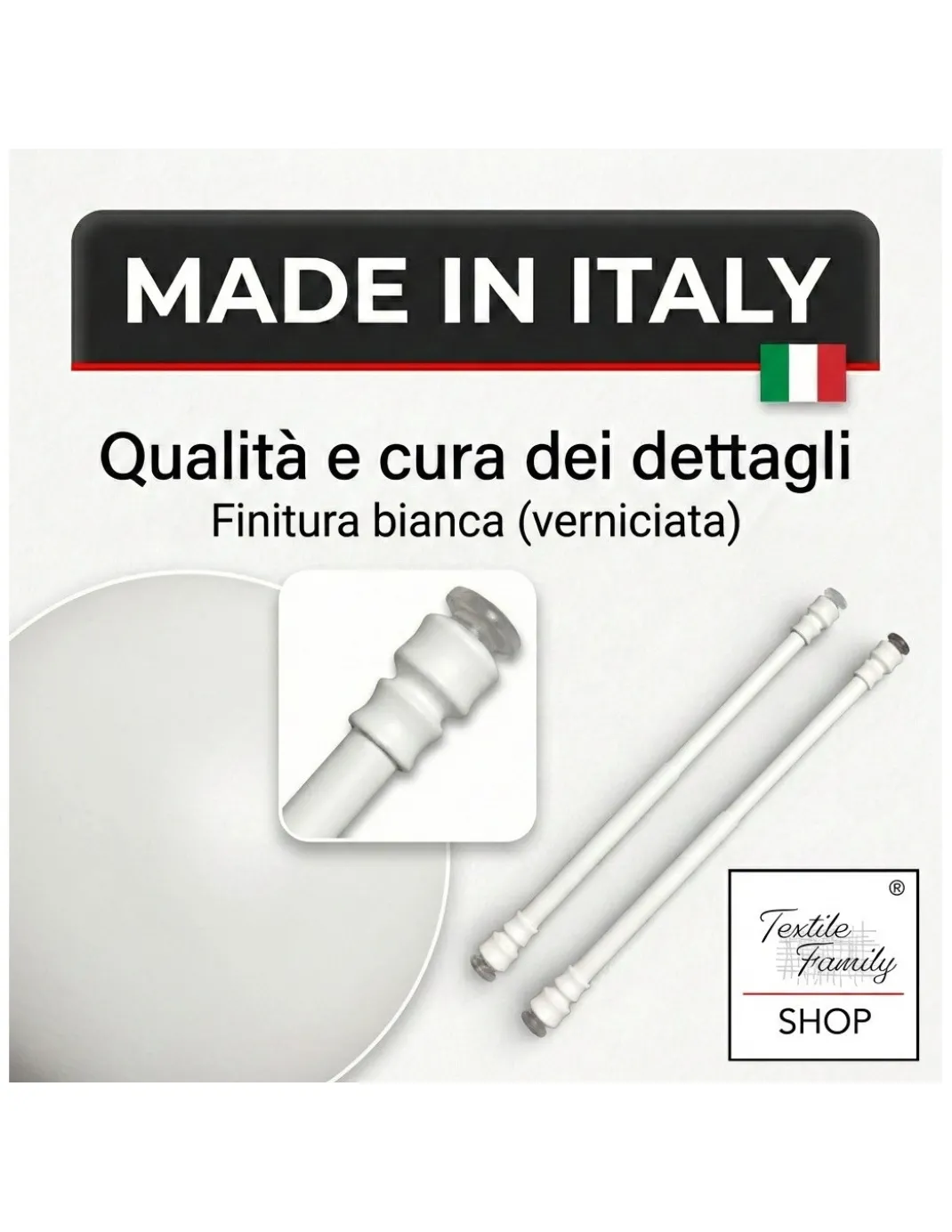 Coppia astine a pressione per tenda a vetro bianco Tex, regolabili con ventose, Ø7/8 mm, 4 misure, Made in Italy