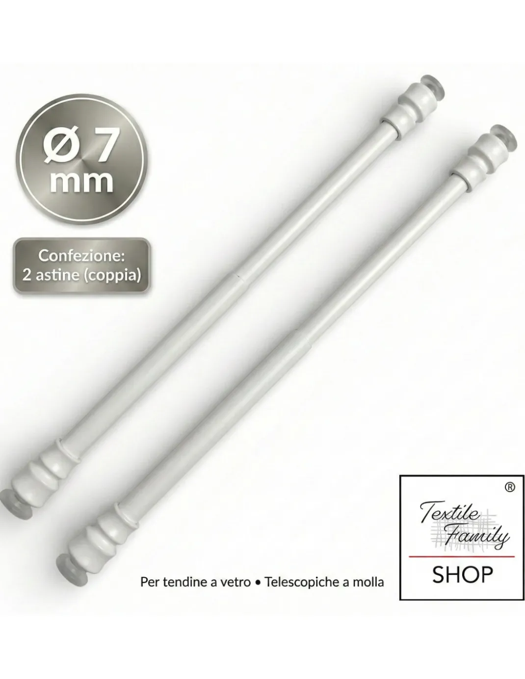 Coppia astine a pressione per tenda a vetro bianco Tex, regolabili con ventose, Ø7/8 mm, 4 misure, Made in Italy