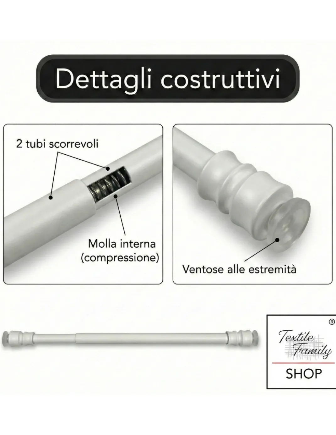 Coppia astine a pressione per tenda a vetro bianco Tex, regolabili con ventose, Ø7/8 mm, 4 misure, Made in Italy