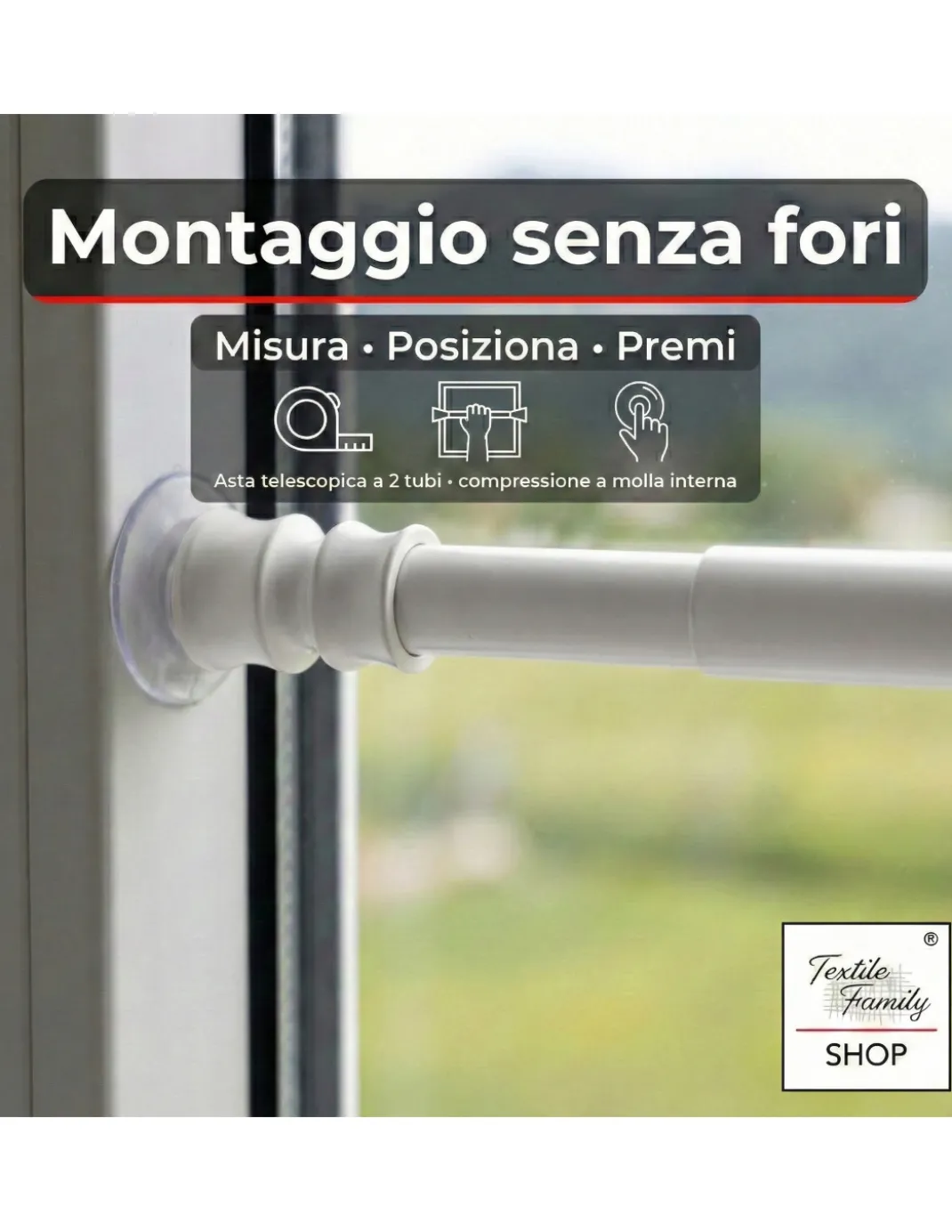 Coppia astine a pressione per tenda a vetro bianco Tex, regolabili con ventose, Ø7/8 mm, 4 misure, Made in Italy
