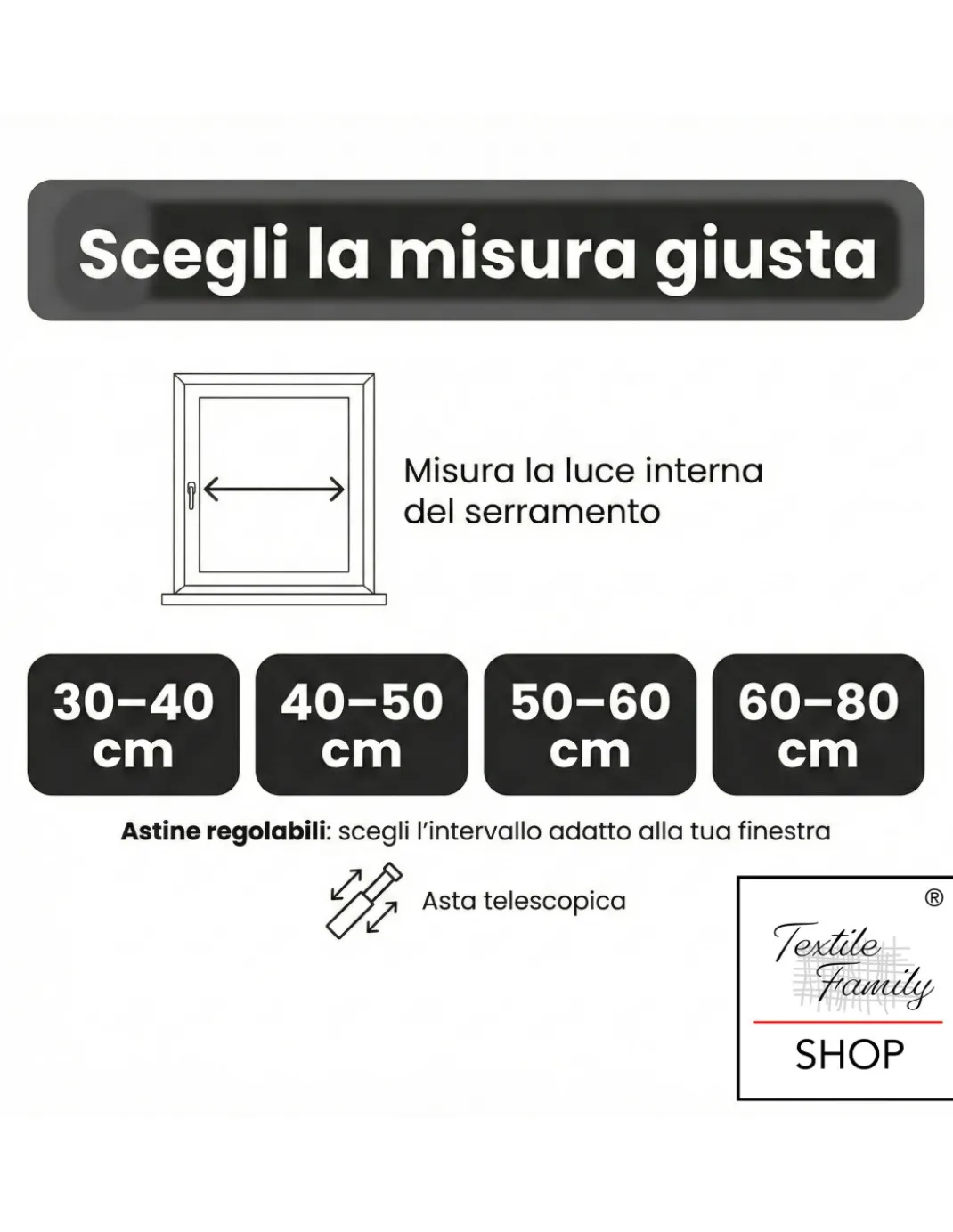 Coppia astine a pressione per tenda a vetro bianco Tex, regolabili con ventose, Ø7/8 mm, 4 misure, Made in Italy