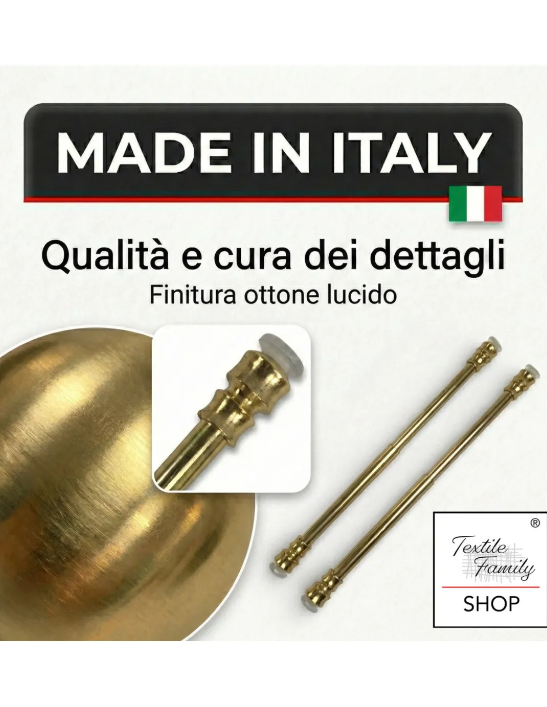 Coppia astine a pressione per tenda a vetro Ottone lucido oro Tex, regolabili con ventose, Ø7/8 mm, 4 misure, Made in Italy