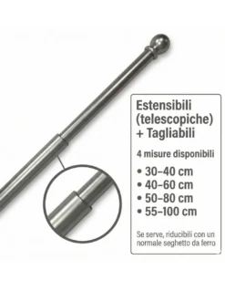 Coppia Astine Tex per Tenda a Vetro Ø7 mm in Ottone Nichelato Argento Opaco, Estensibili, con Viti, Made in Italy