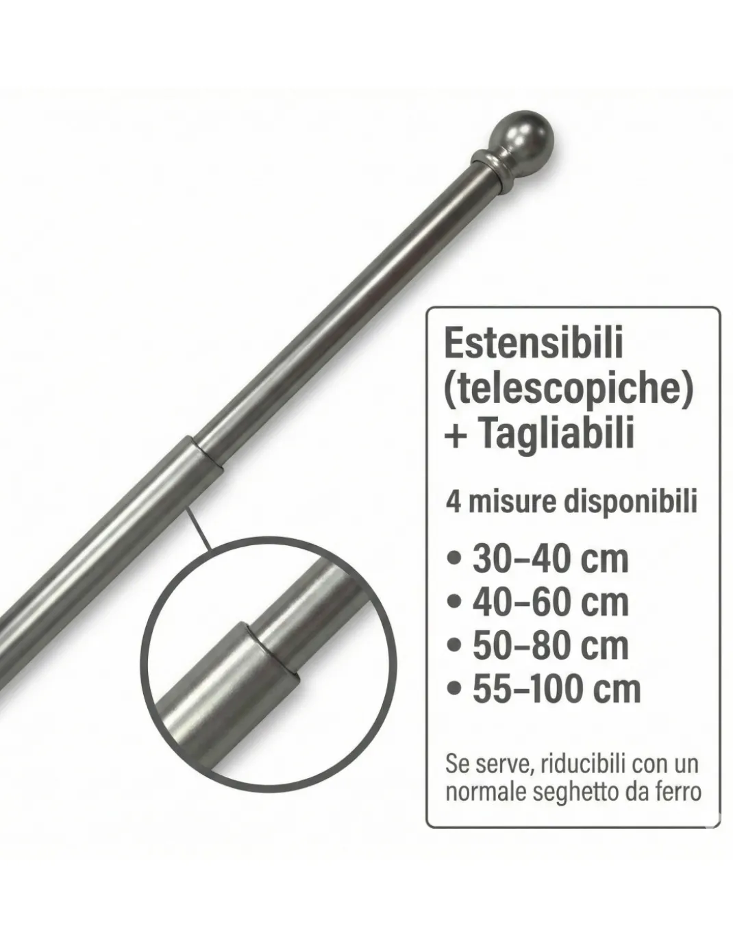 Coppia Astine Tex per Tenda a Vetro Ø7 mm in Ottone Nichelato Argento Opaco, Estensibili, con Viti, Made in Italy