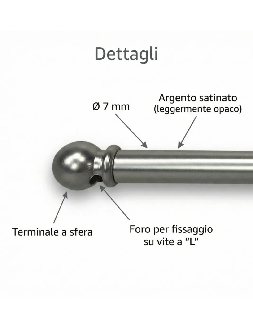 Coppia Astine Tex per Tenda a Vetro Ø7 mm in Ottone Nichelato Argento Opaco, Estensibili, con Viti, Made in Italy