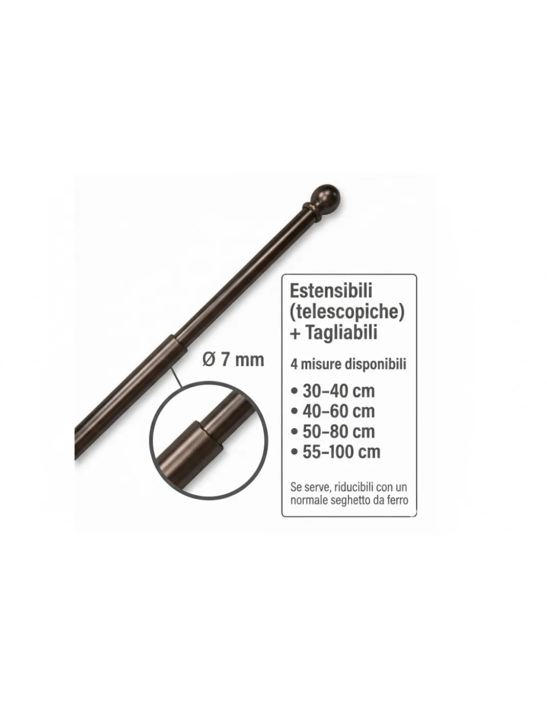 Coppia Astine Tex per Tenda a Vetro Ø7 mm in Ottone Bronzato Satinato, Estensibili, con Viti, Made in Italy
