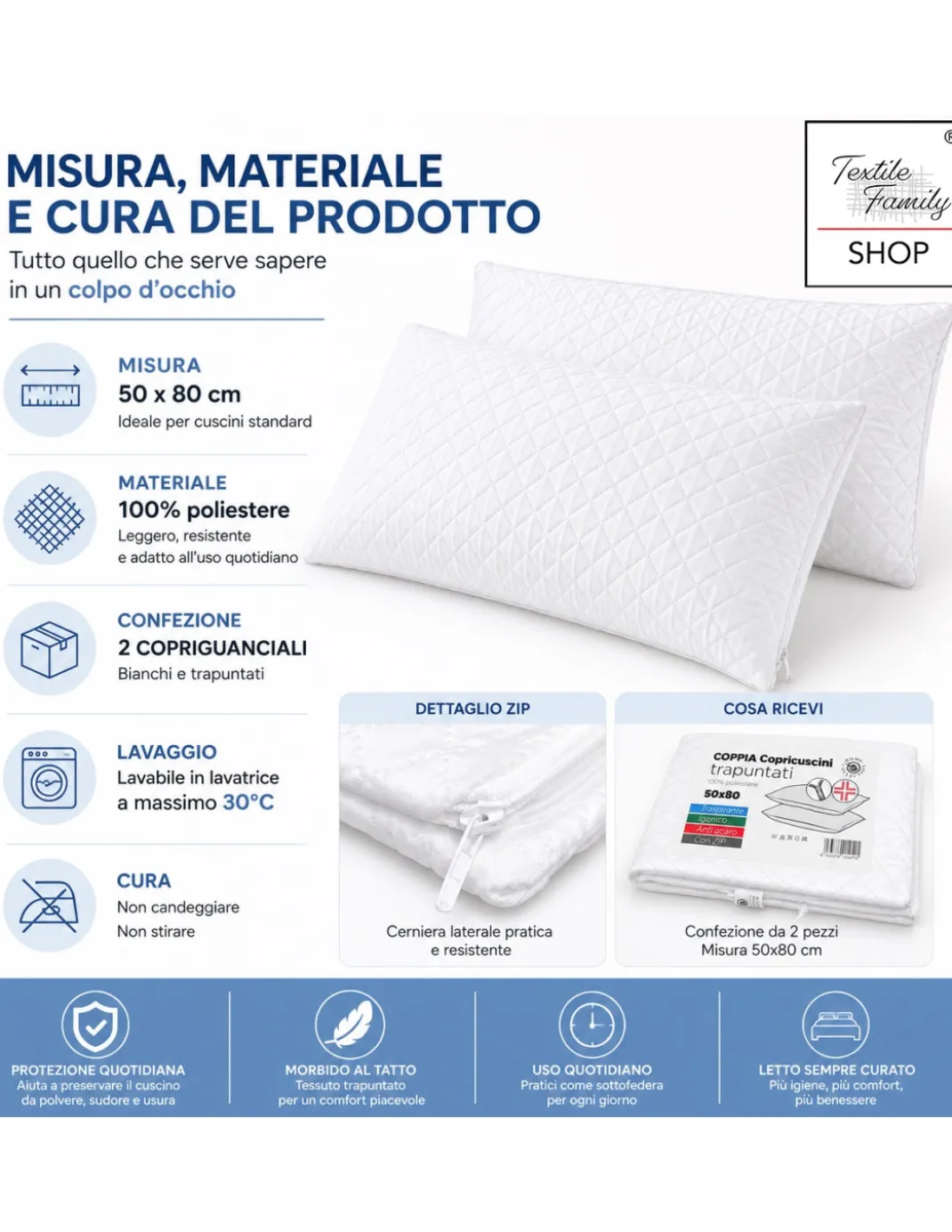 Coppia Copriguanciali Trapuntati 50x80 con Cerniera Zip, Federe Proteggi Cuscino Bianche