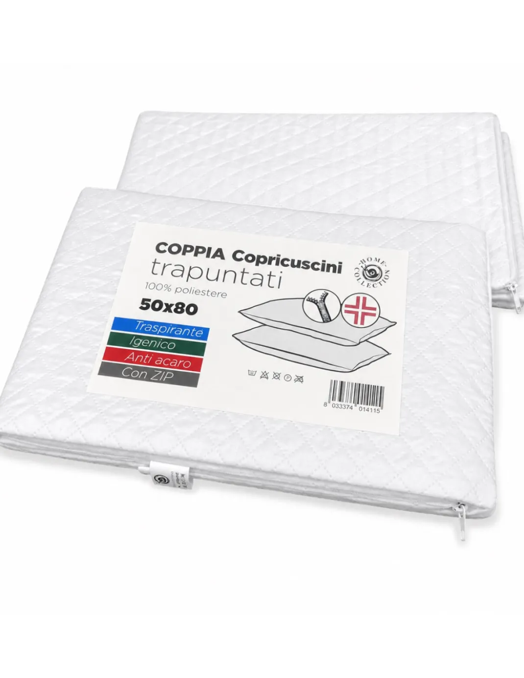 Coppia Copriguanciali Trapuntati 50x80 con Cerniera Zip, Federe Proteggi Cuscino Bianche