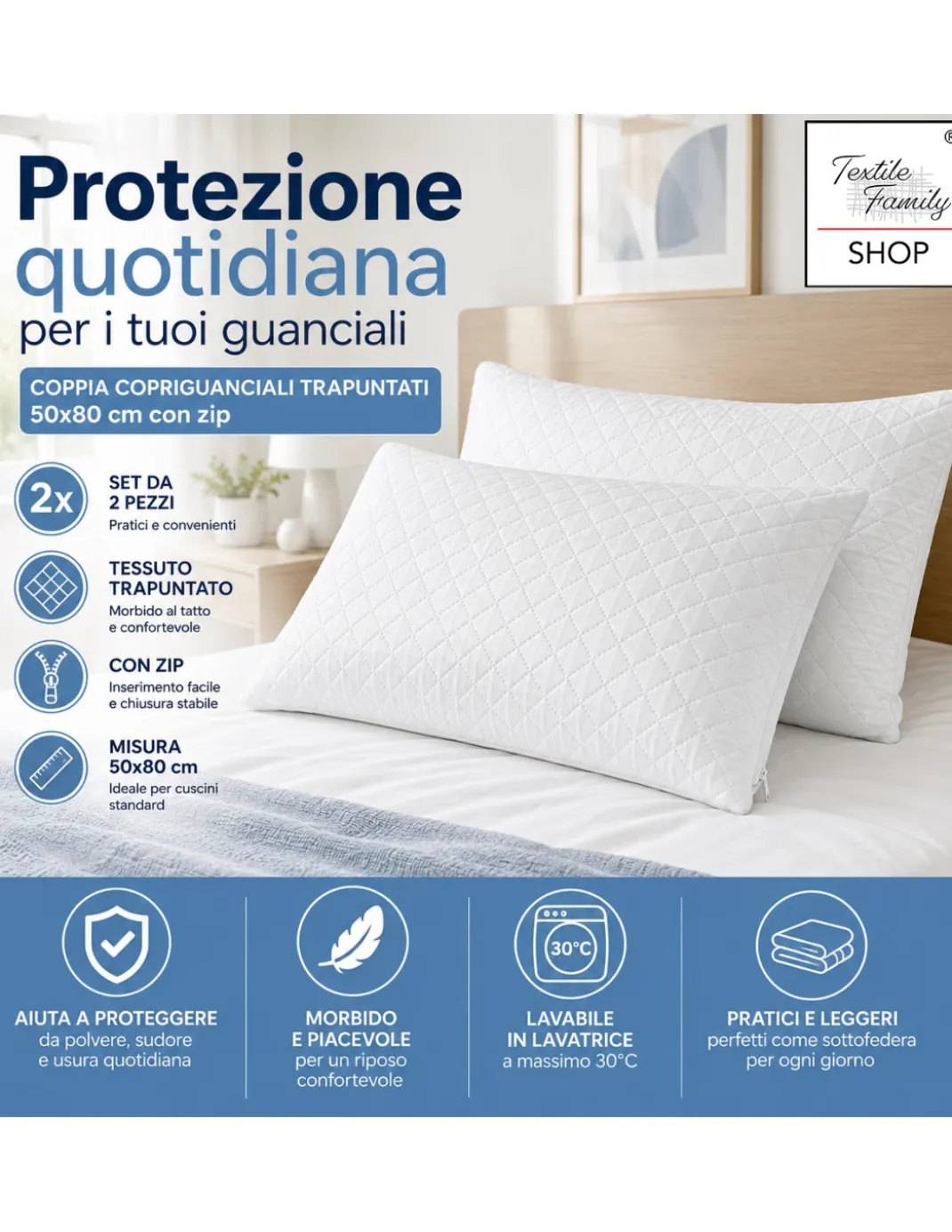 Coppia Copriguanciali Trapuntati 50x80 con Cerniera Zip, Federe Proteggi Cuscino Bianche