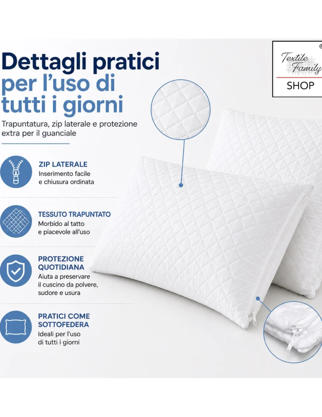 Coppia Copriguanciali Trapuntati 50x80 con Cerniera Zip, Federe Proteggi Cuscino Bianche