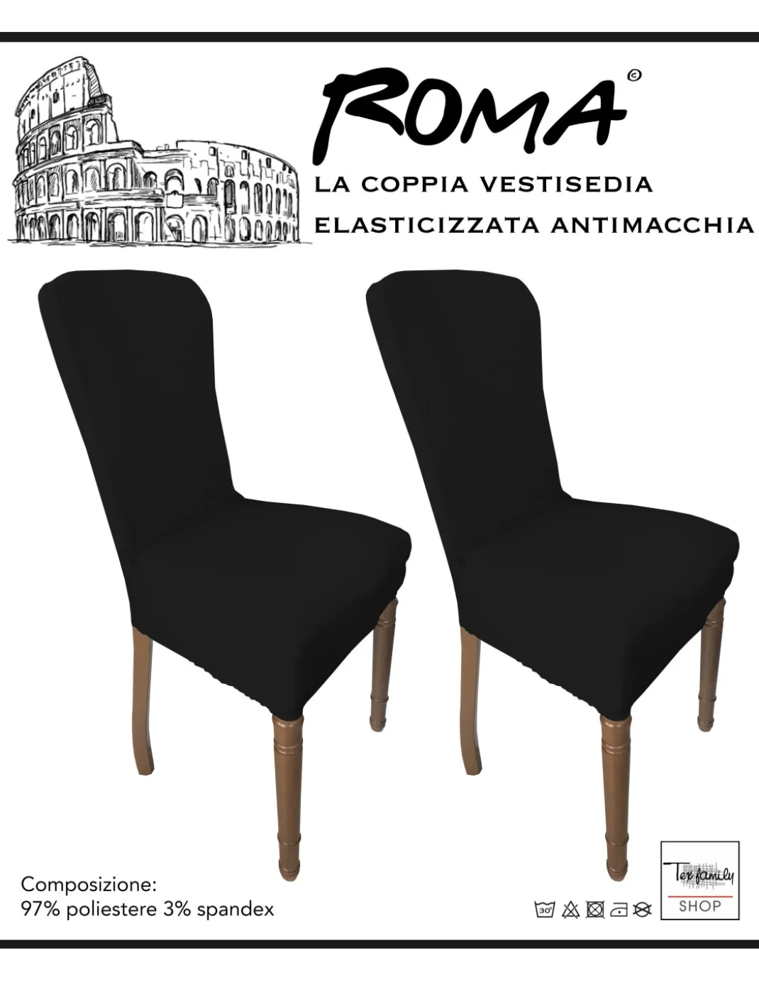 COPPIA coprisedia ELASTICIZZATO ROMA antimacchia in TINTA UNITA NERO