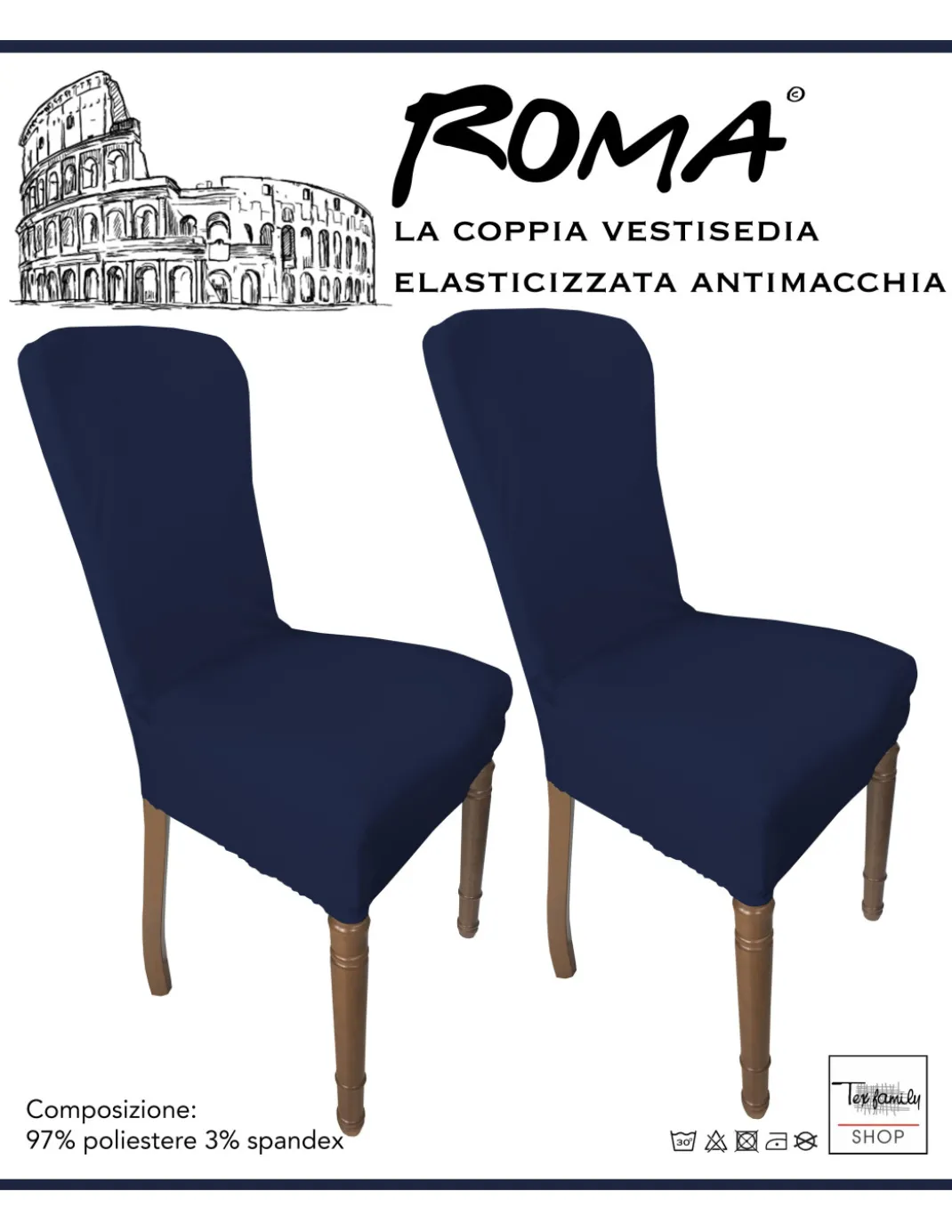 COPPIA coprisedia ELASTICIZZATO ROMA antimacchia in TINTA UNITA BLU