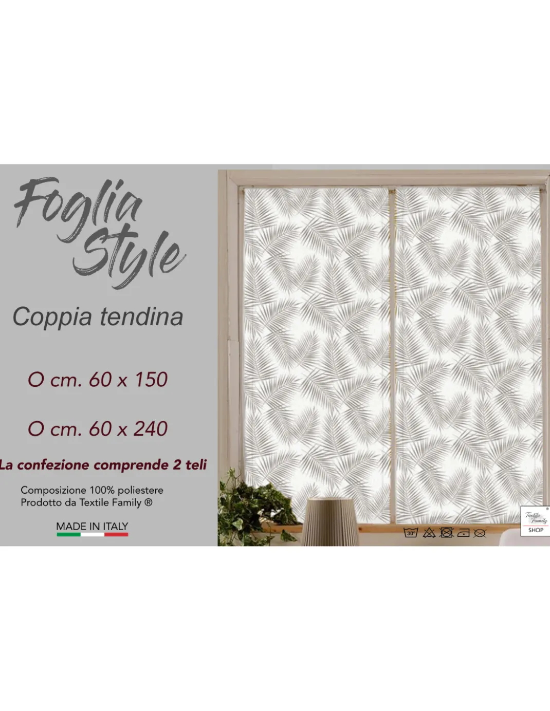 Coppia TENDINA a vetro FOGLIA STYLE BEIGE larga cm. 60 da Finestra e da Porta