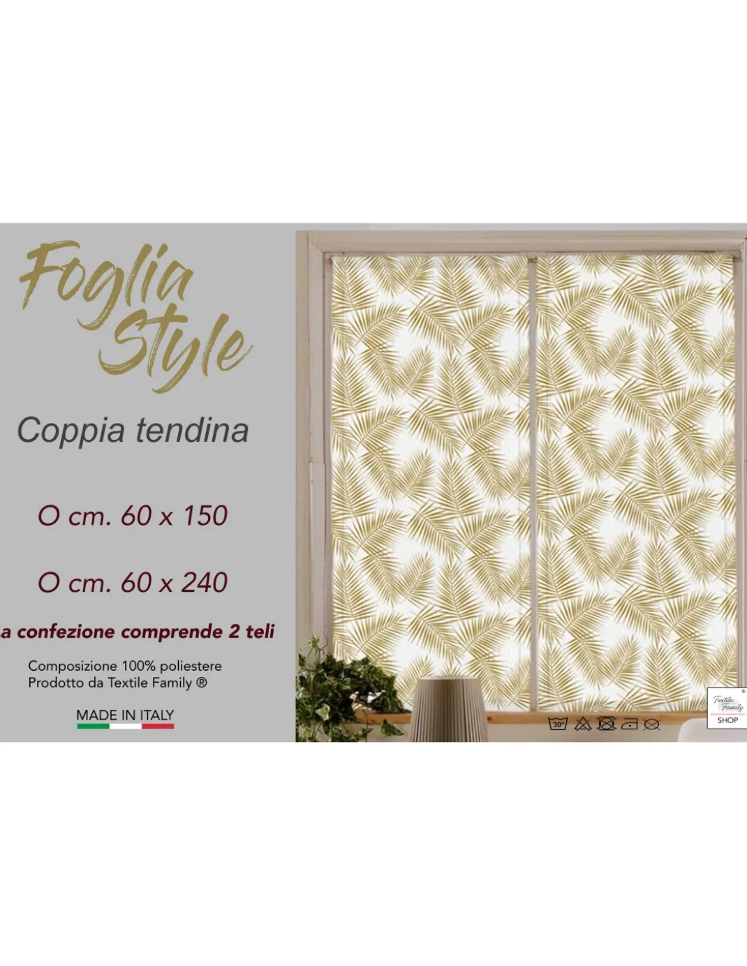 Coppia TENDINA a vetro FOGLIA STYLE OCRA larga cm. 60 da Finestra e da Porta