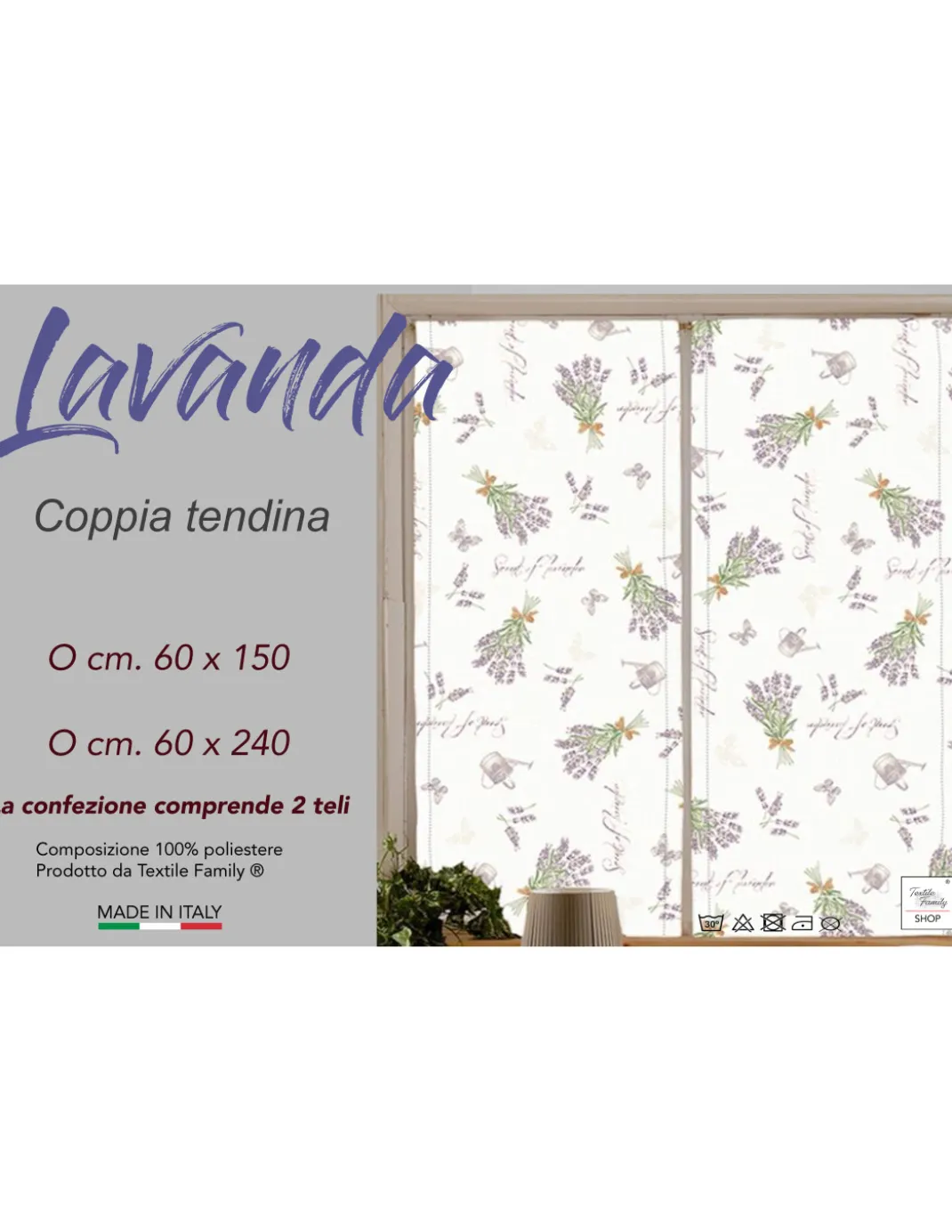 Coppia TENDINA a vetro LAVANDA larga cm. 60 da Finestra e da Porta