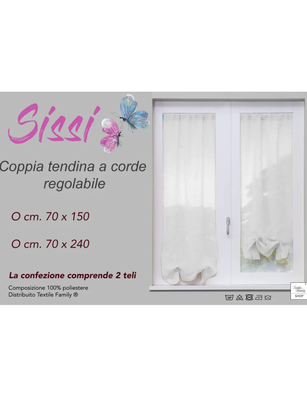 COPPIA tendina SISSI a VETRO MODERNA larga cm 70 Regolabile a Cordine BIANCO