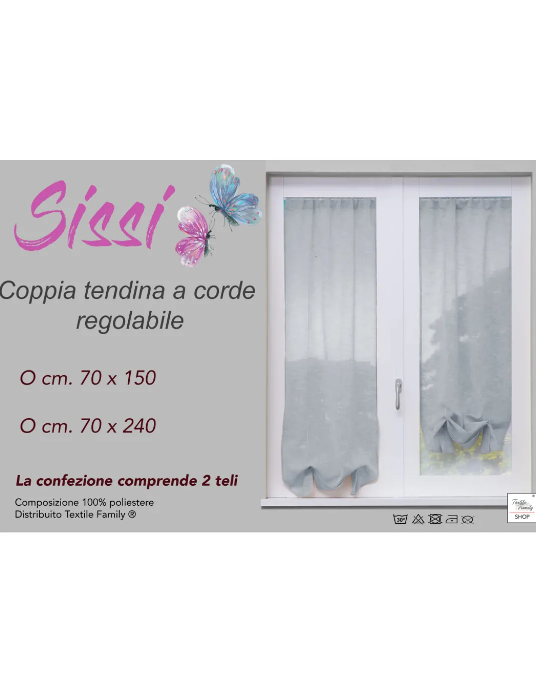 COPPIA tendina SISSI a VETRO MODERNA larga cm 70 Regolabile a Cordine GRIGIO