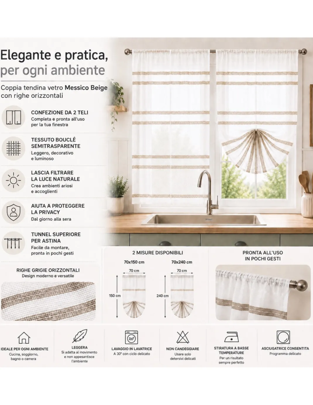 Coppia Tendina Vetro Messico Beige Tortora 2 Teli