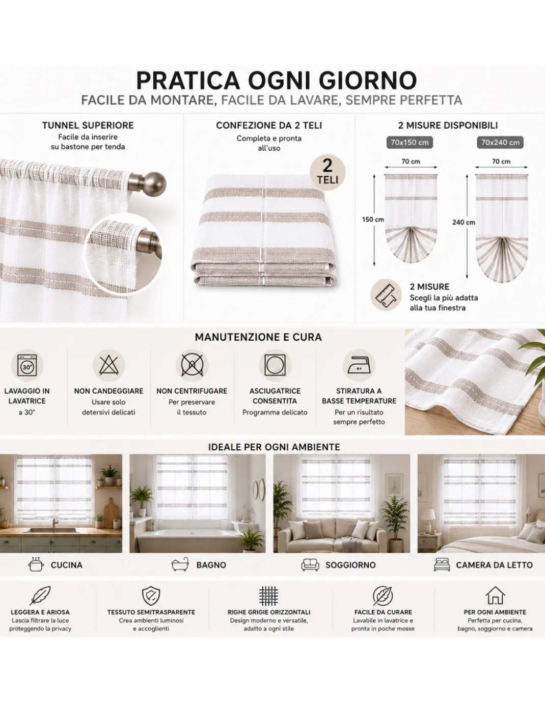 Coppia Tendina Vetro Messico Beige Tortora 2 Teli