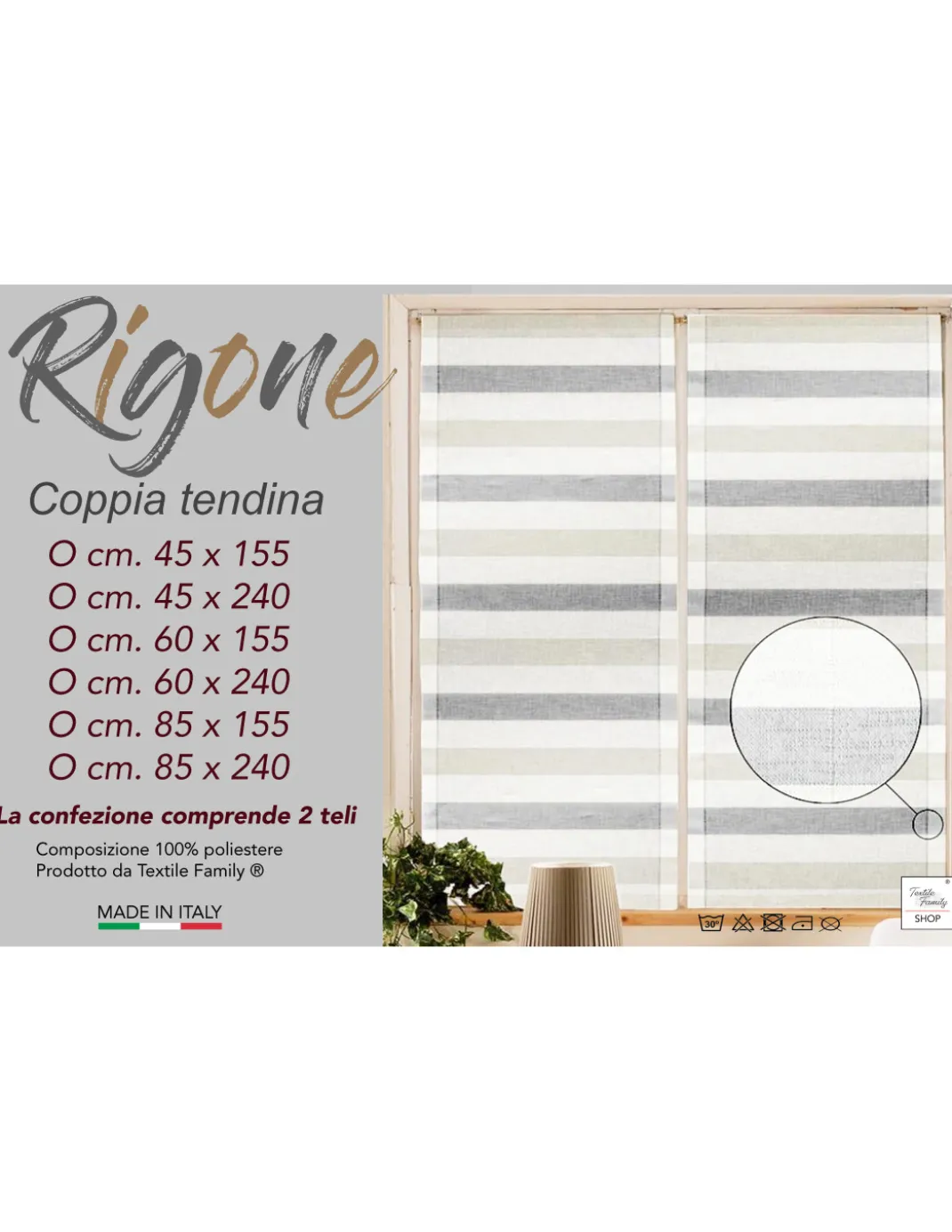 COPPIA tendina VETRO MODERNA larga 45 o 60 o 85 RIGONE Grigio e Tortora