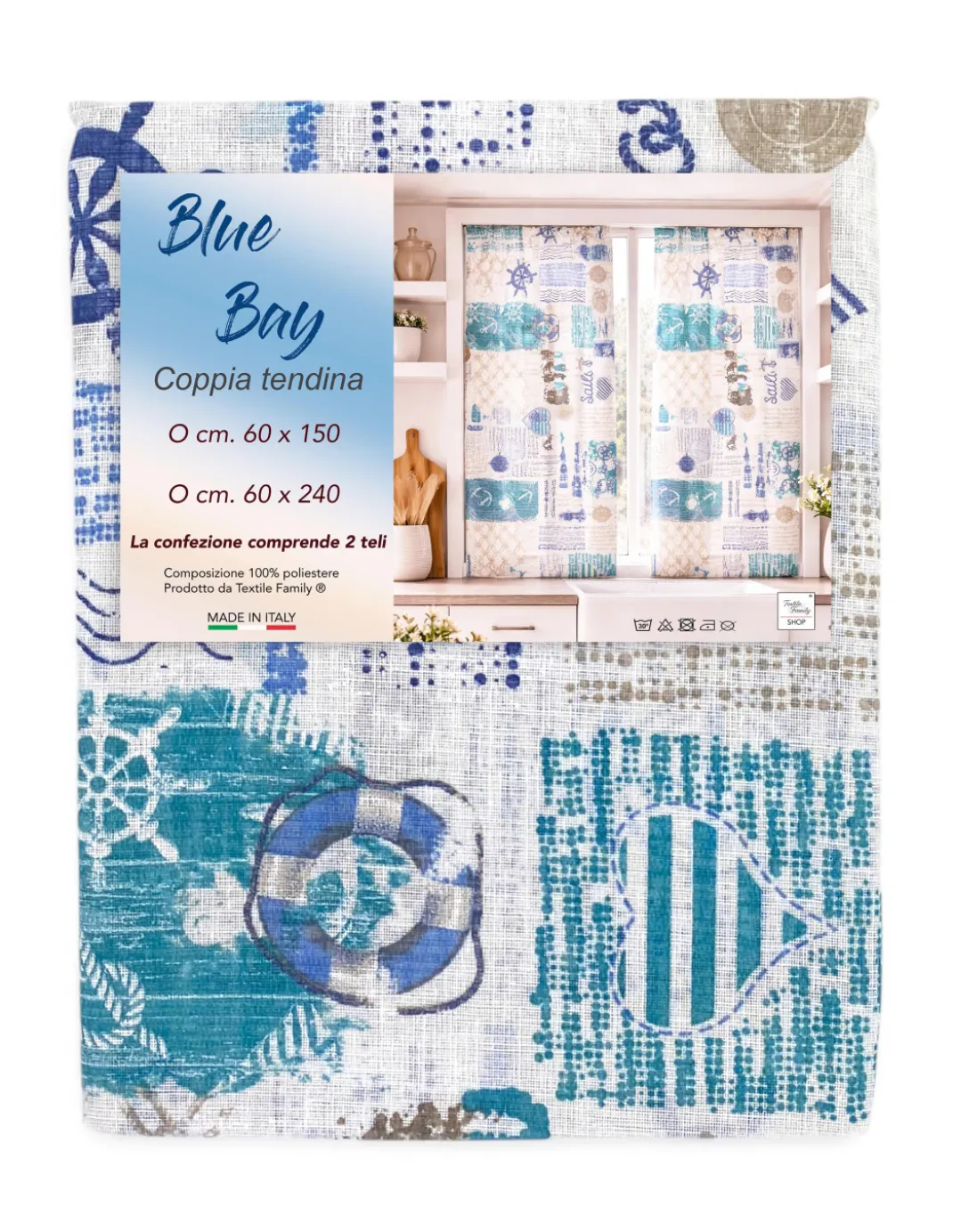 Coppia Tendine a Vetro Blu Bay Semitrasparenti in Bouclè con Tunnel per Astina – 2 Teli Made in Italy