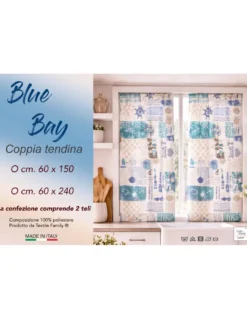 Coppia Tendine a Vetro Blu Bay Semitrasparenti in Bouclè con Tunnel per Astina – 2 Teli Made in Italy