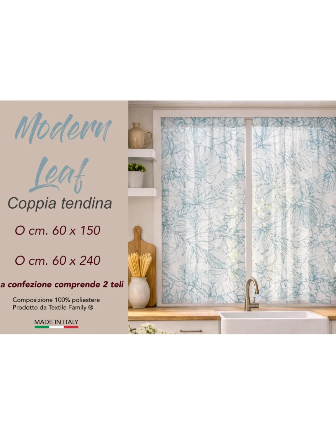 Coppia Tendine a Vetro Modern Leaf Blu Semitrasparenti in Bouclè con Tunnel per Astina – 2 Teli Made in Italy