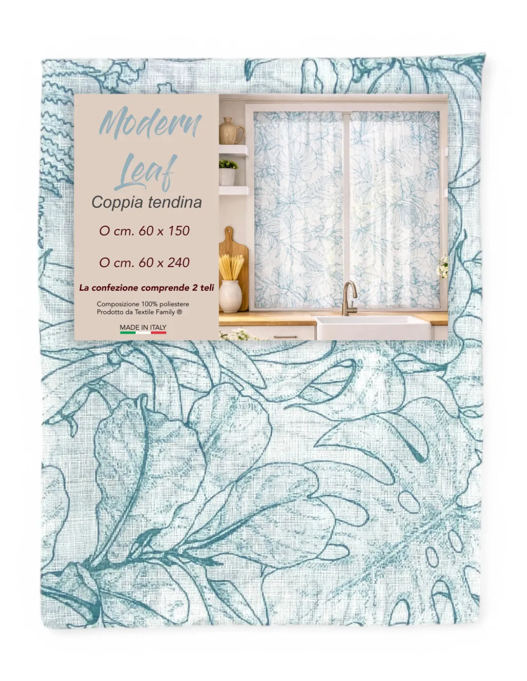 Coppia Tendine a Vetro Modern Leaf Blu Semitrasparenti in Bouclè con Tunnel per Astina – 2 Teli Made in Italy
