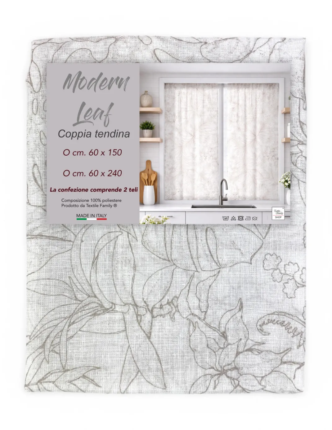 Coppia Tendine a Vetro Modern Leaf Beige Semitrasparenti in Bouclè con Tunnel per Astina – 2 Teli Made in Italy
