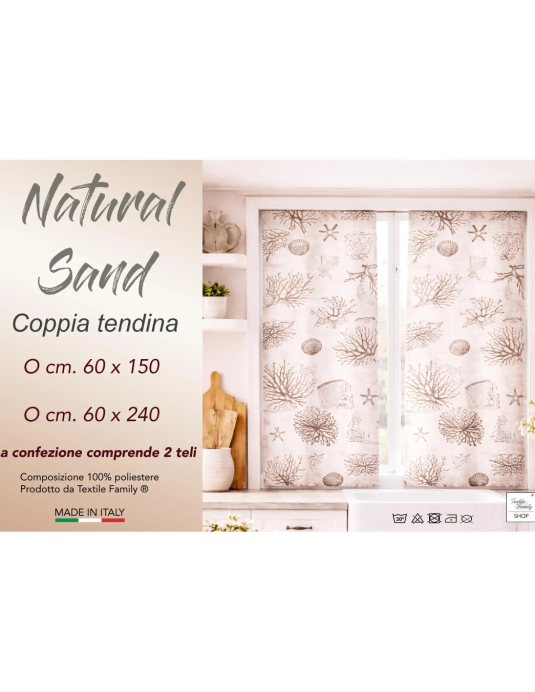 Coppia Tendine a Vetro Natural Sand Semitrasparenti in Bouclè con Tunnel per Astina – 2 Teli Made in Italy
