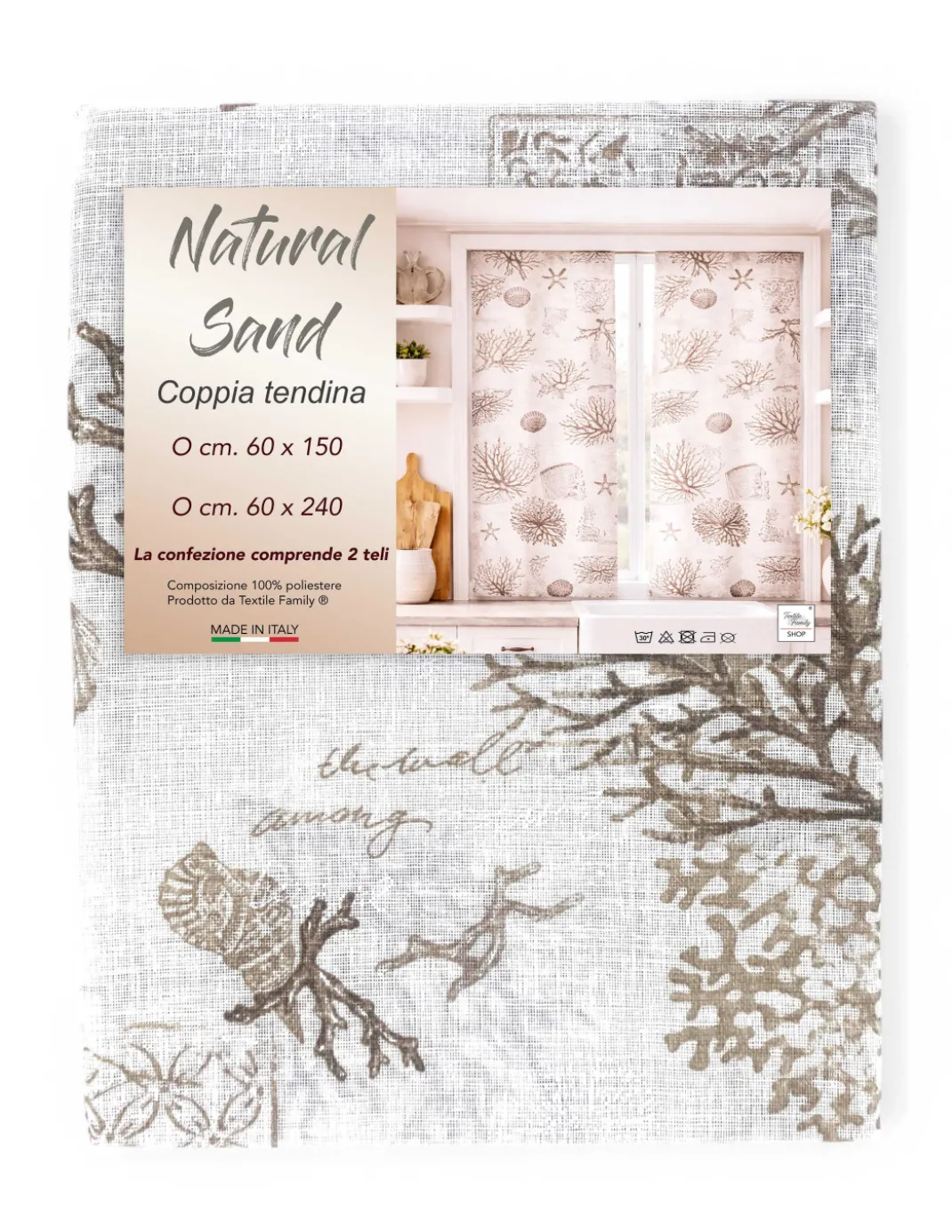 Coppia Tendine a Vetro Natural Sand Semitrasparenti in Bouclè con Tunnel per Astina – 2 Teli Made in Italy