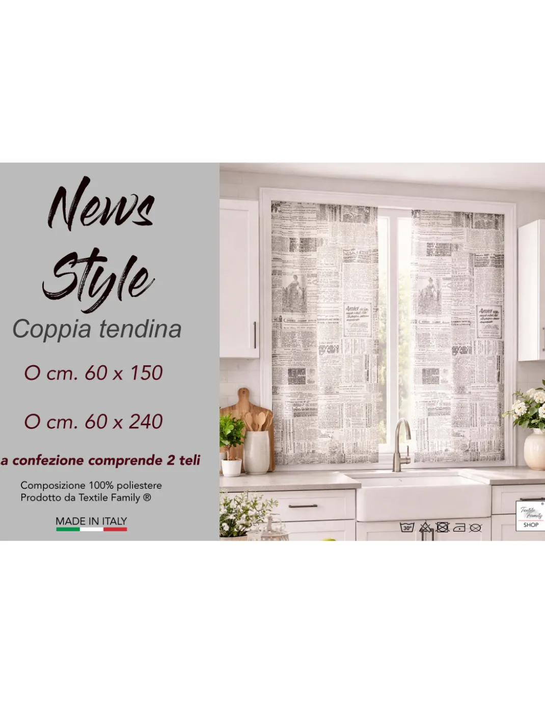 Coppia Tendine a Vetro News Style Semitrasparenti in Bouclè con Tunnel per Astina – 2 Teli Made in Italy