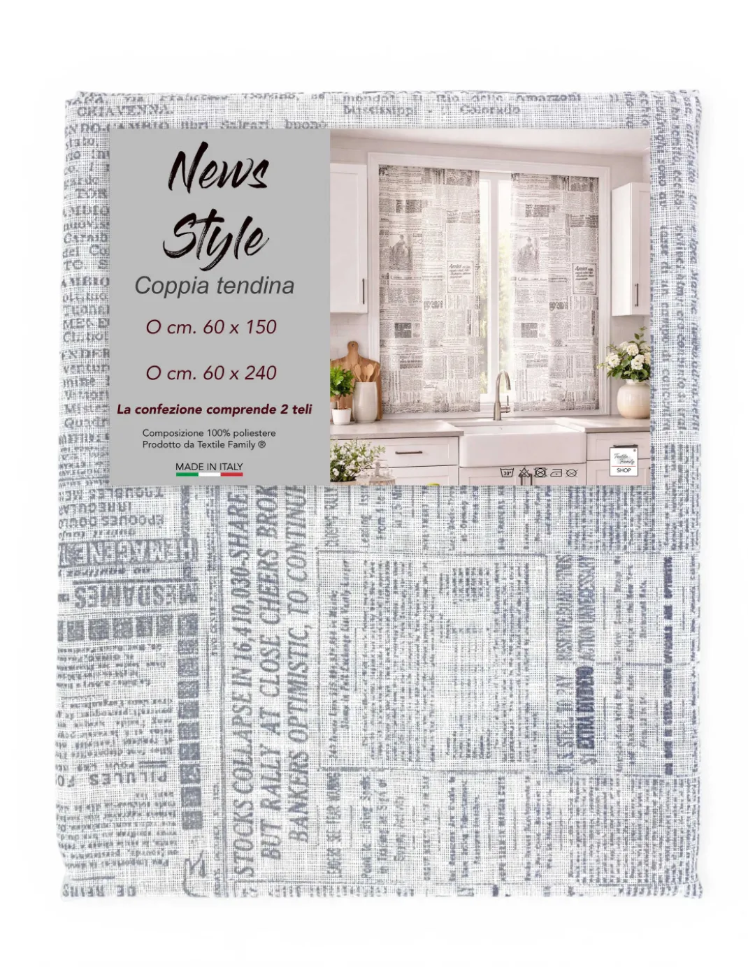 Coppia Tendine a Vetro News Style Semitrasparenti in Bouclè con Tunnel per Astina – 2 Teli Made in Italy