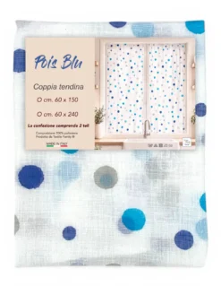 Coppia Tendine a Vetro Pois Blu Semitrasparenti in Bouclè con Tunnel per Astina – 2 Teli Made in Italy