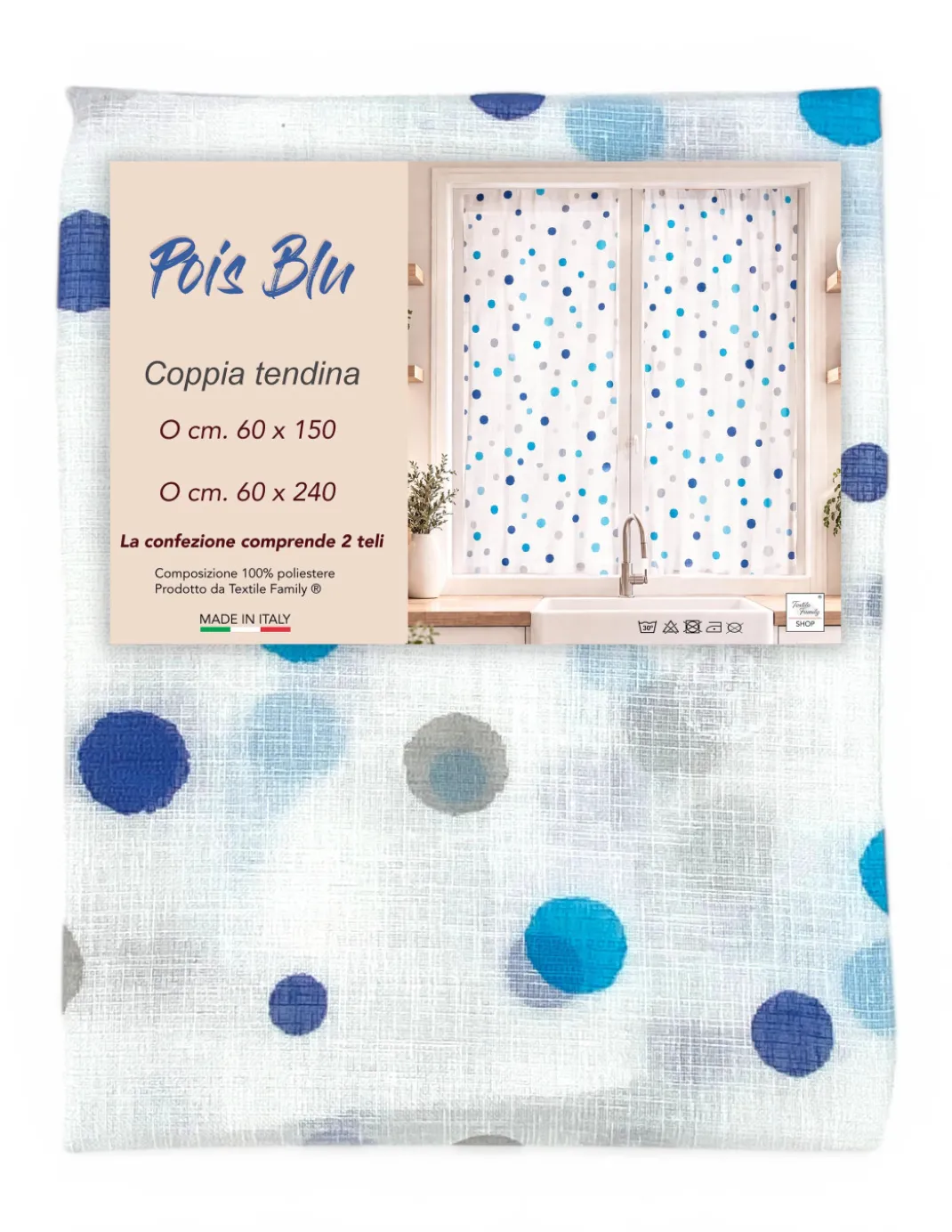 Coppia Tendine a Vetro Pois Blu Semitrasparenti in Bouclè con Tunnel per Astina – 2 Teli Made in Italy