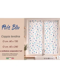 Coppia Tendine a Vetro Pois Blu Semitrasparenti in Bouclè con Tunnel per Astina – 2 Teli Made in Italy
