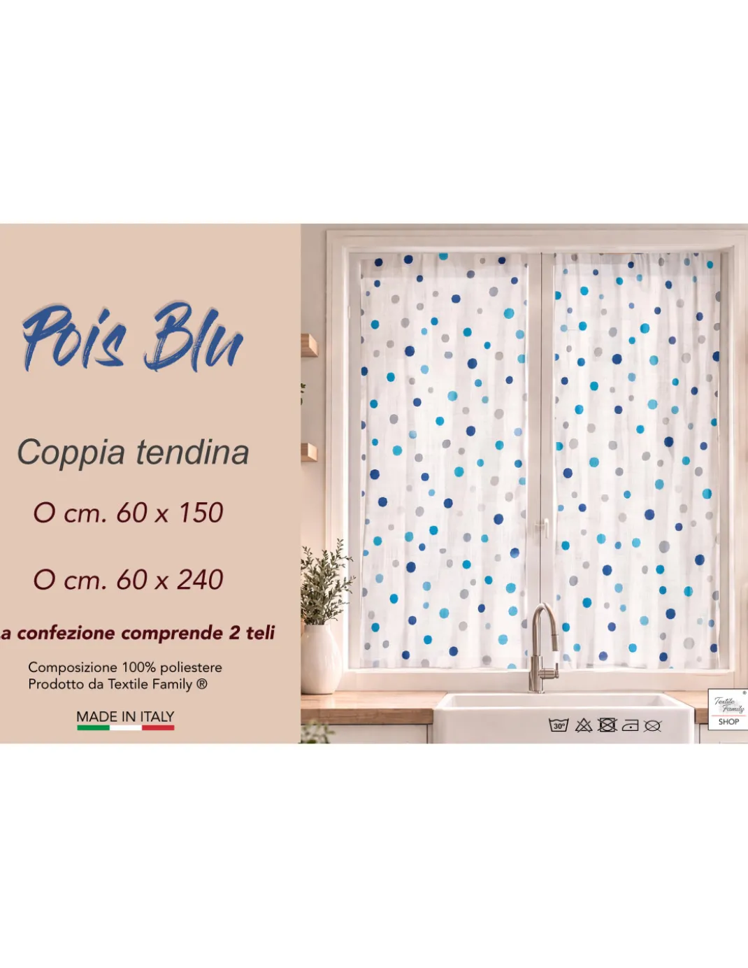 Coppia Tendine a Vetro Pois Blu Semitrasparenti in Bouclè con Tunnel per Astina – 2 Teli Made in Italy