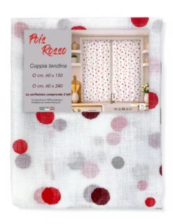 Coppia Tendine a Vetro Pois Rosso Semitrasparenti in Bouclè con Tunnel per Astina – 2 Teli Made in Italy