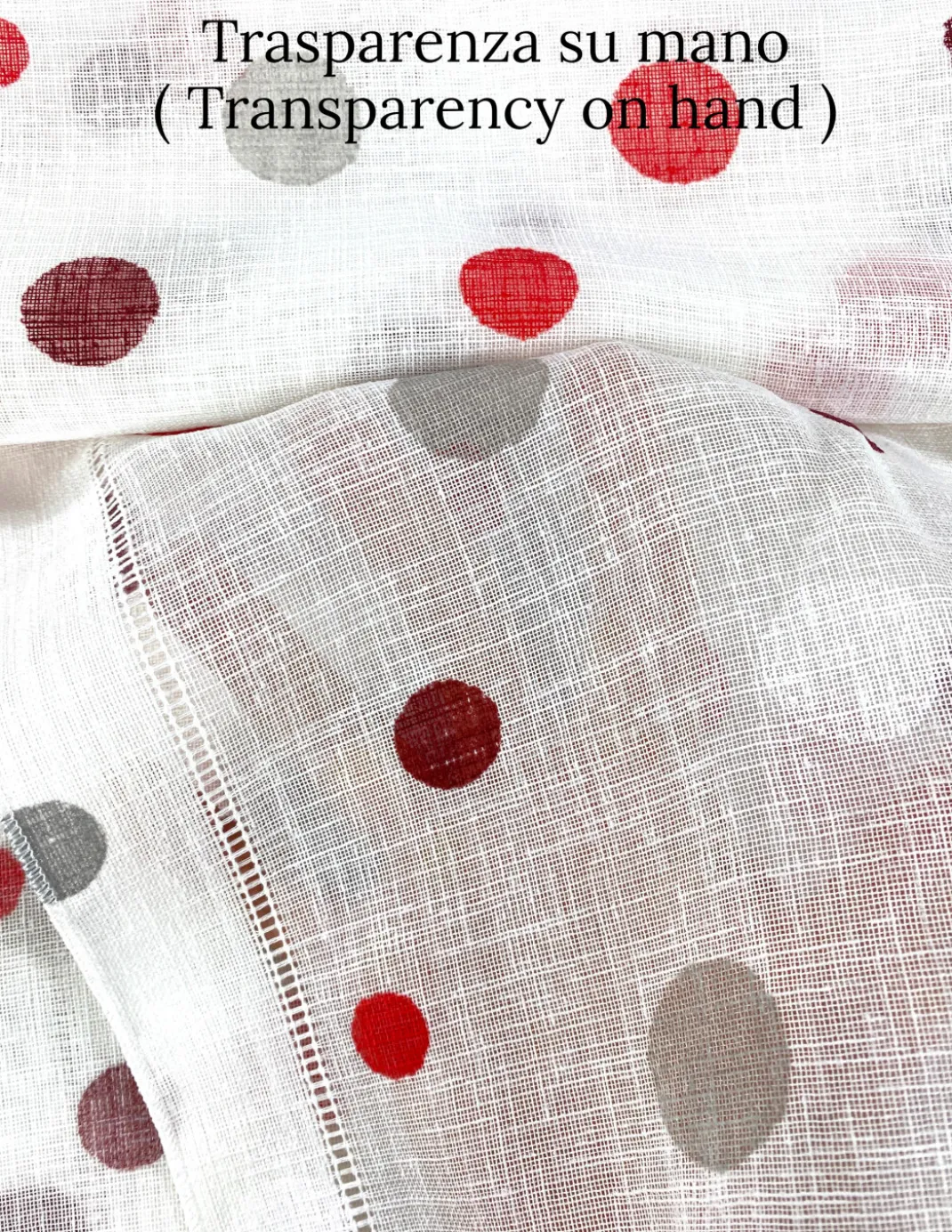 Coppia Tendine a Vetro Pois Rosso Semitrasparenti in Bouclè con Tunnel per Astina – 2 Teli Made in Italy