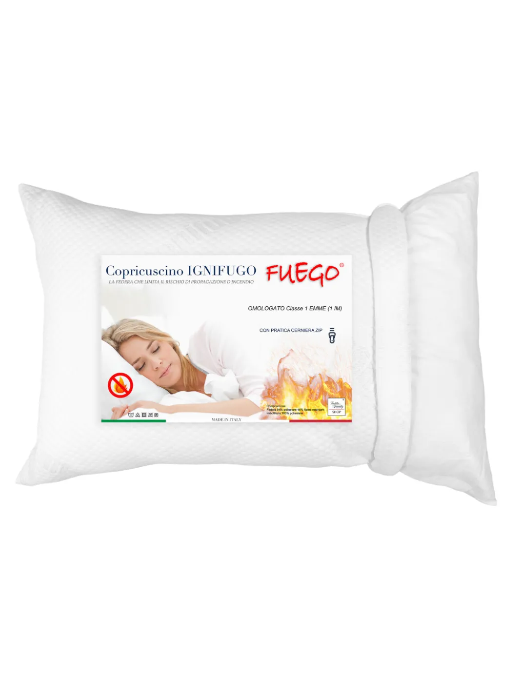 COPRI GUANCIALE Fuego Federa Cuscino IGNIFUGO ANTIFIAMMA Made in Italy