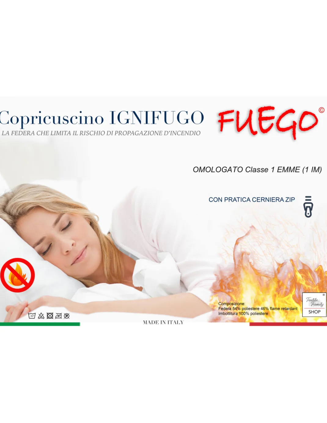 COPRI GUANCIALE Fuego Federa Cuscino IGNIFUGO ANTIFIAMMA Made in Italy