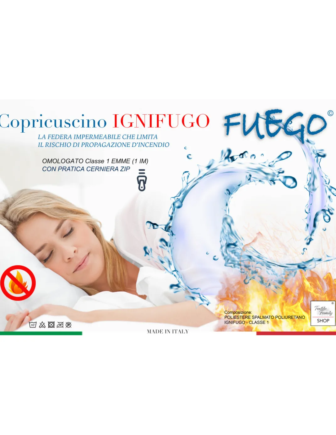 Copriguanciale Impermeabile Ignifugo "FUEGO" Classe 1 con Cerniera Zip, Antiacaro, Made in Italy