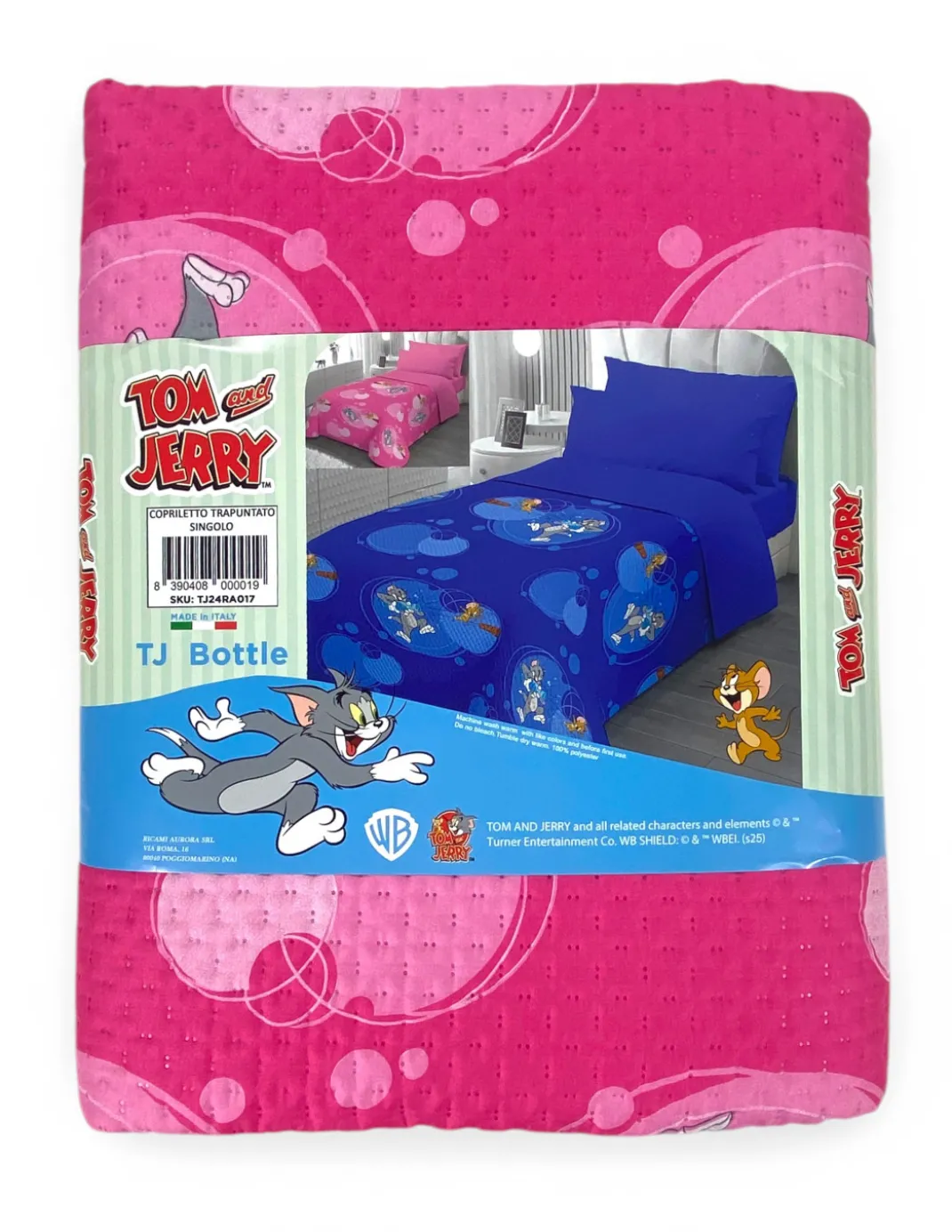 Copriletto Singolo Bambini 170x250 Tom and Jerry Rosa “TJ Bottle” – Trapuntino Leggero 80 g/m² in Microfibra, Made in Italy