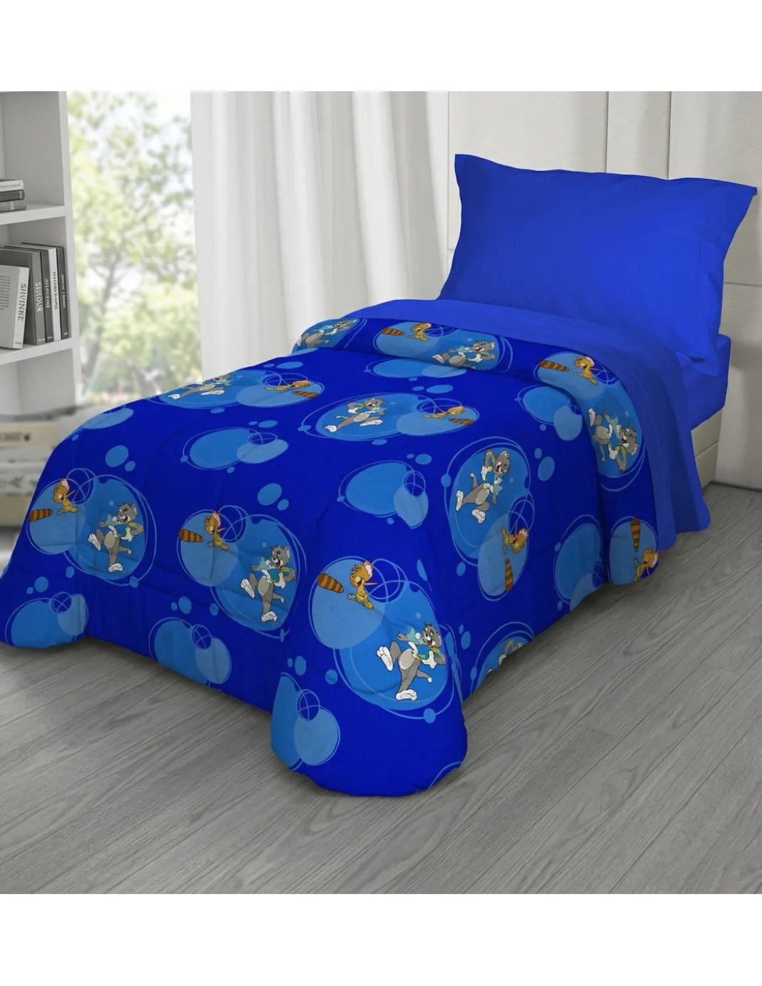 Copriletto Singolo Bambini 170x250 Tom and Jerry Blu “TJ Bottle” – Trapuntino Leggero 80 g/m² in Microfibra, Made in Italy